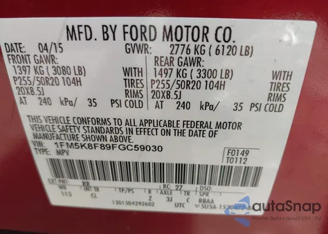 2015 Ford Explorer Limited from USA, damaged, VIN 1FM5K8F89FGC59030